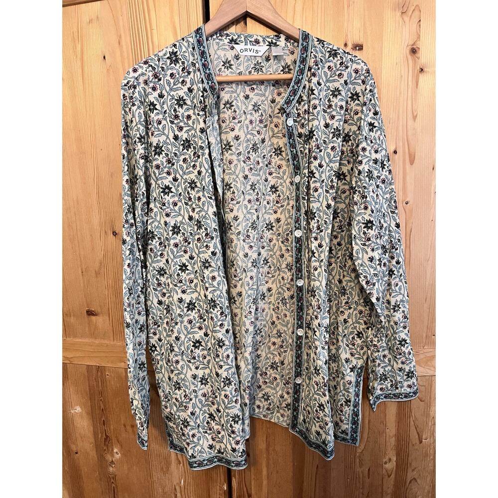 Vintage ORVIS Lightweight Floral Button Blouse Size XL 100% Cotton
